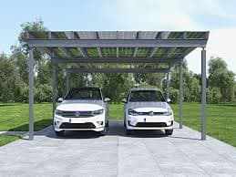 Solar carport structure with parked cars